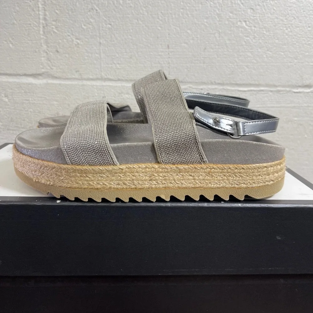 Brunello Cucinelli Metallic Silver Beaded Strap Espadrille Sandals Women's‎ 6 US